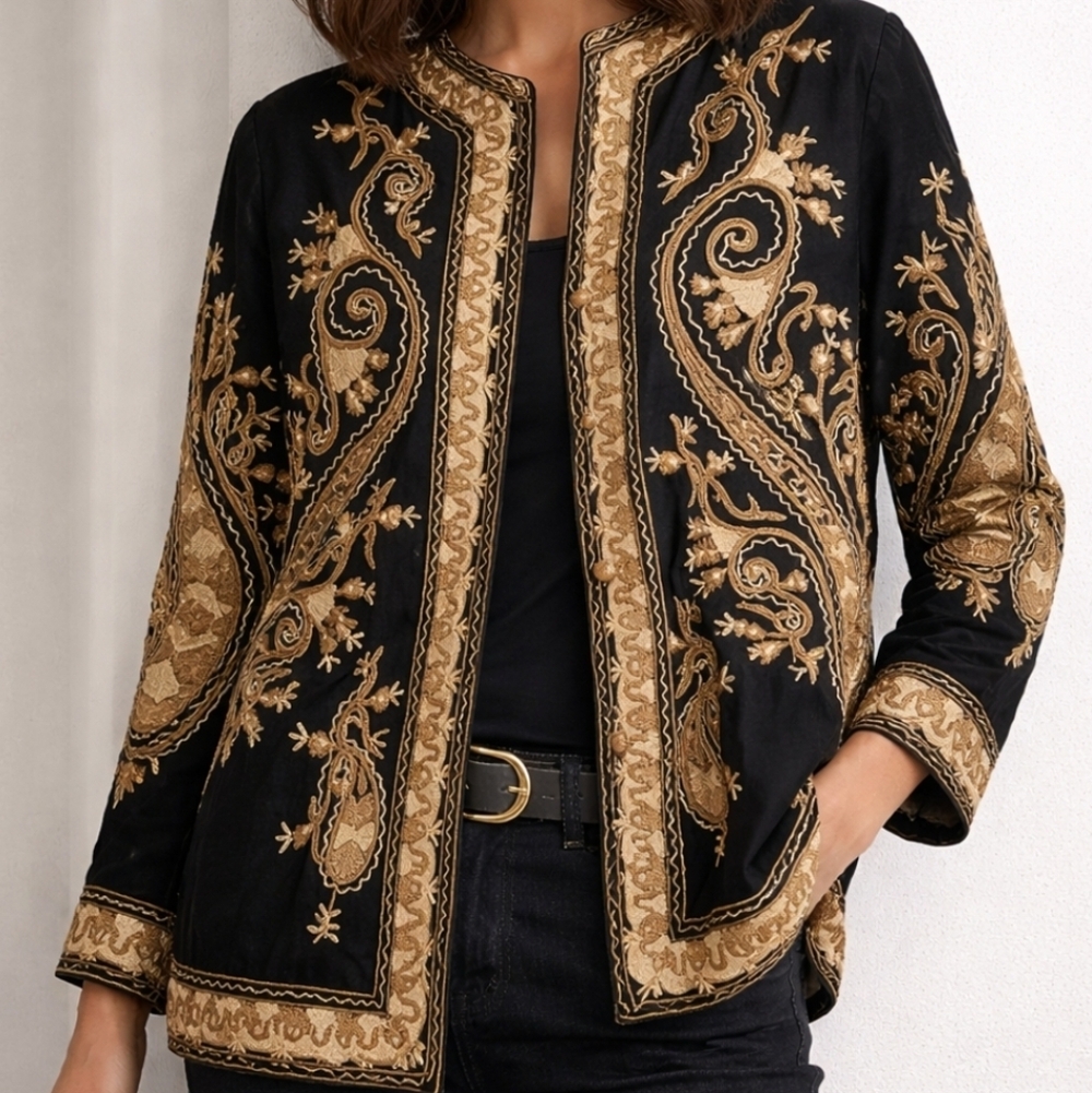 Soft Surroundings Black Gold Embroidered Jacket Paisley Baroque Luxe Boho